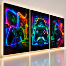 KIT 3 Quadros Decorativos Neon 3 Controles - Coleção Games