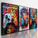 KIT 3 Quadros Decorativos Controle Neon - Coleção Games